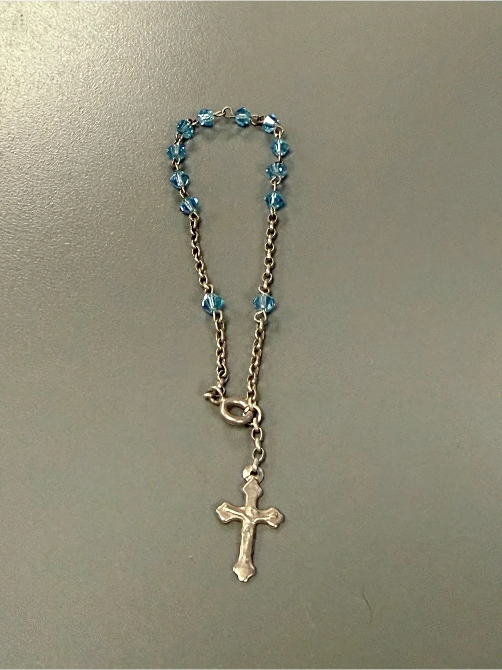 Vintage 1990s Blue Crystal Beaded Cross Charm Bracelet Silver Tone 29 Years Old